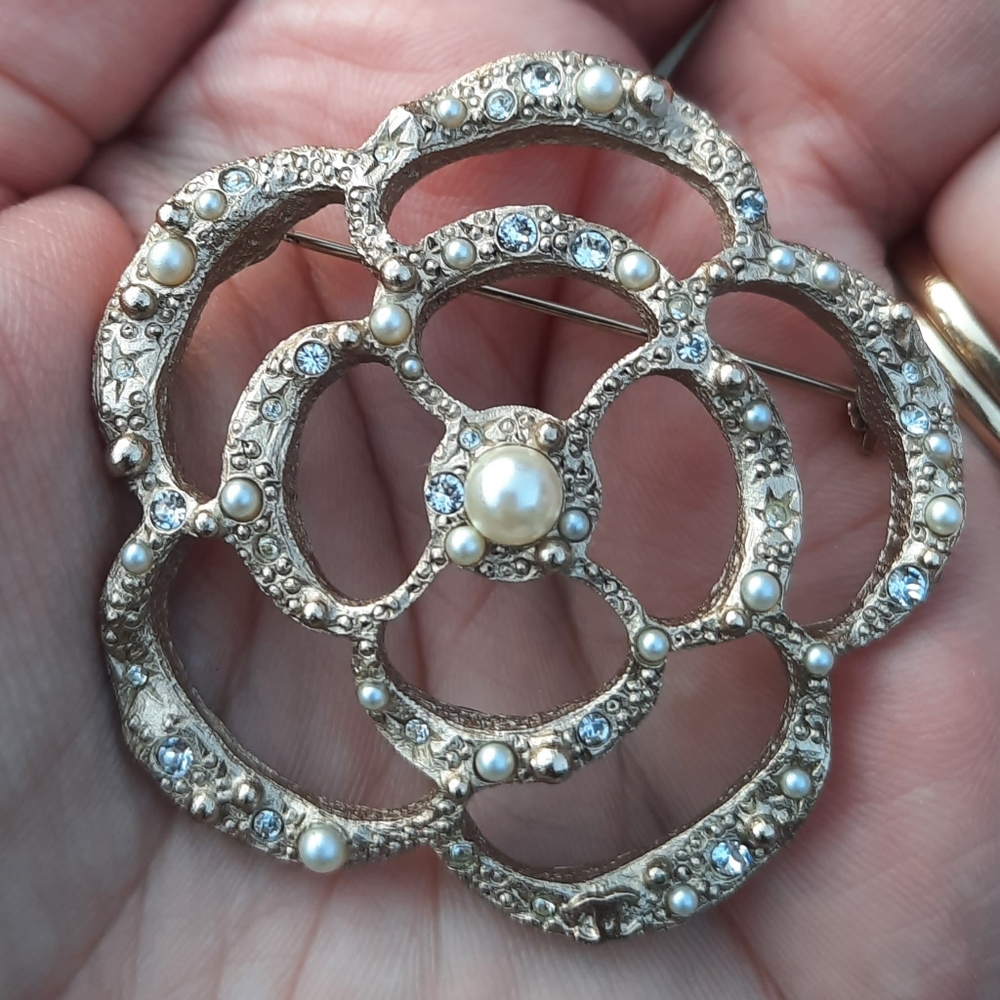 Chanel Camellia Pearl and Crystal Brooch Rare Pin Authentic Gift Idea